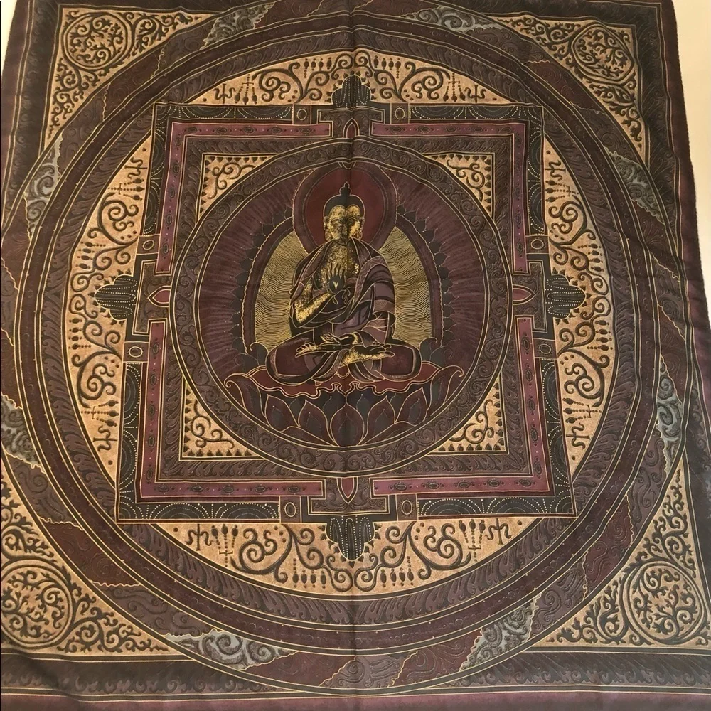 Linda Allard Ellen Tracy Buddha mandala 100% silk scarf, purple & gold